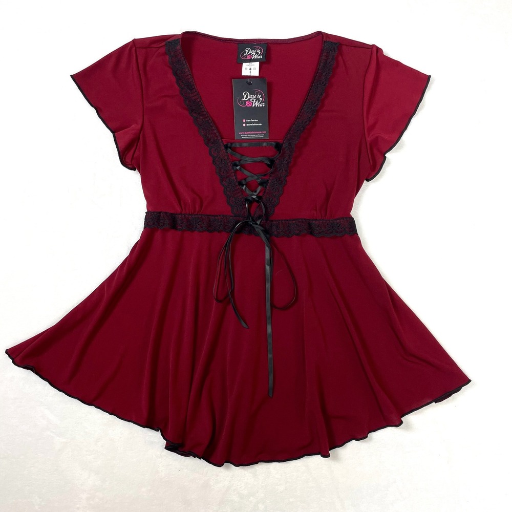 Dare to Wear Babydoll Top Women S Burgundy‎ NWT Gothic Lace Up Y2K Peplum